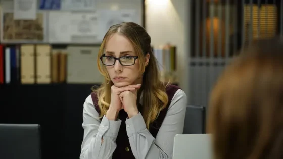 Woman with glasses resting chin on hands at a desk, looking pensive in an office setting.