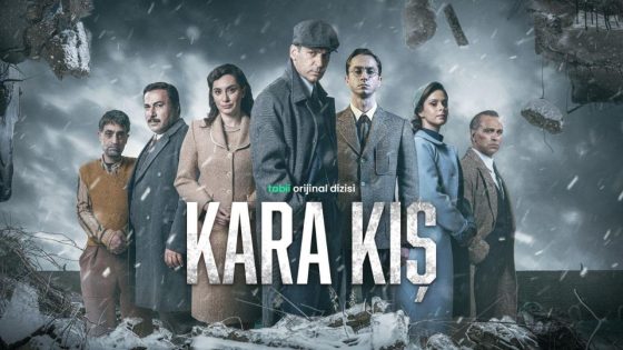 Poster for the Turkish TV series Kara Kis: eight actors in 1940s-style clothing stand in a snowy, rubble-filled landscape with the bold title 'KARA KIS' across the front.