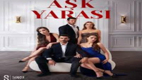 Promotional poster for AŞK YARASI: five formally dressed adults posing on a white sofa in a stylish paneled room with a red title above.