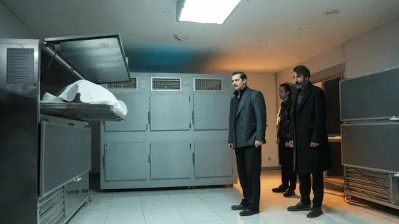 Three men in dark coats stand in a cold morgue room beside an open body freezer with a covered corpse nearby.