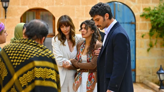 Group of adults outside a yellow stone building; two women in the center comfort each other as a man in a dark coat watches nearby.