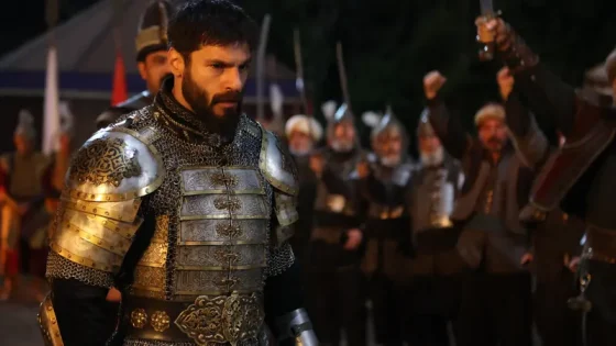 Bearded knight in ornate plate armor stands in foreground as soldiers raise swords behind him at dusk-style battlefield scene.