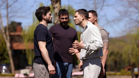 Four men stand in a park as two face off in a tense disagreement while two others observe nearby.