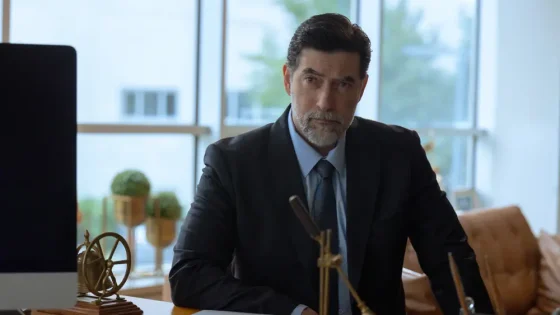 Businessman in a dark suit and blue tie sits at a desk in a bright office, looking thoughtful toward the distance.