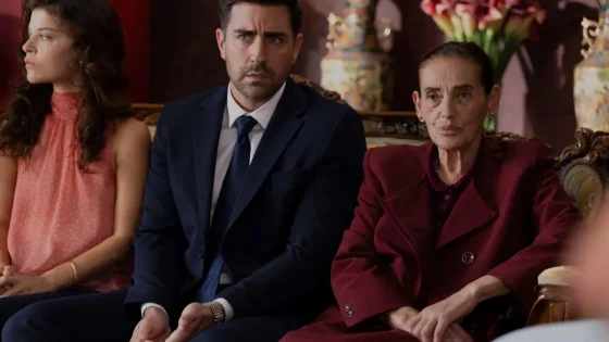 Three adults sit on a luxurious sofa: a young woman in a pink top, a man in a dark suit, and an older woman in burgundy, all with serious expressions.