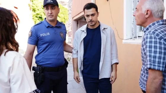 Police officer in blue uniform speaks with two men on a narrow outdoor street scene.
