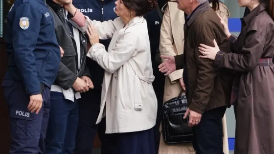 Police officers in dark blue uniforms restrain a tense group outside a doorway as a woman speaks to a man, trying to calm the situation