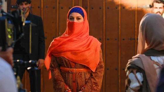 Woman wearing an orange hijab over a brown patterned dress with a belt, standing in front of a wooden door on a film set.