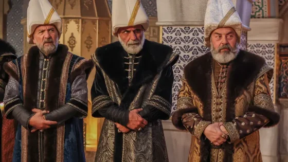 Three bearded men in ornate fur-trimmed robes and tall white hats stand side by side in a richly decorated hall, arms folded across their chests.