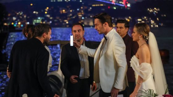 Bride in a white wedding dress and veil on a yacht at night, posing with guests as a man in a white suit takes a selfie with his phone, city lights behind.