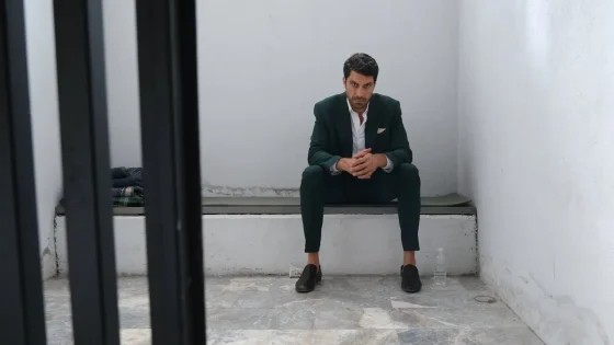 Man in a dark green suit sits on a concrete ledge in a barren white room, hands clasped, looking pensively at the camera.