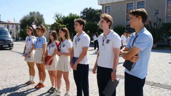 Six students in white polo shirts and cream skirts or dark pants stand in a line outdoors for a ceremony, each holding folders or notebooks.